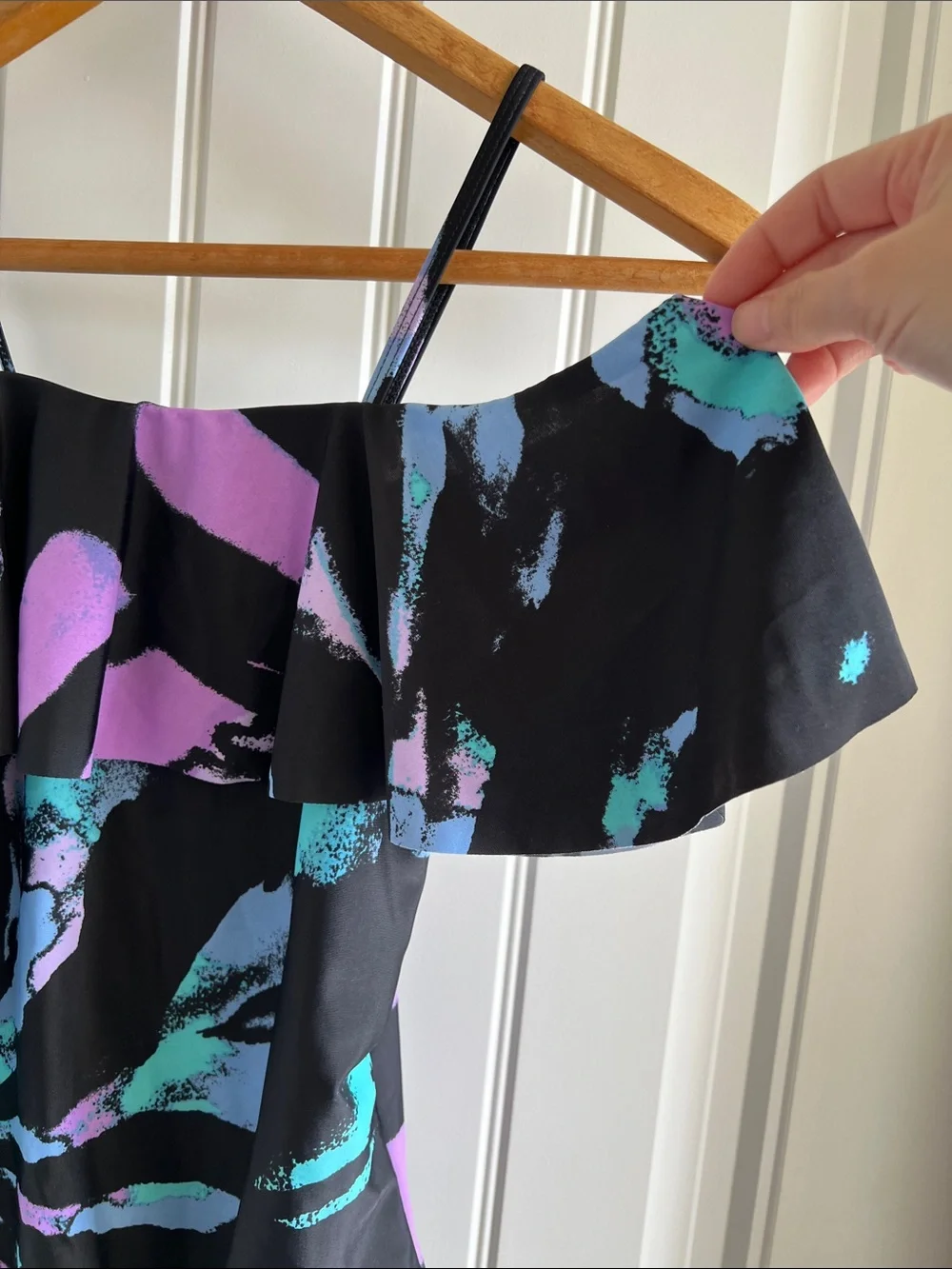 Girls Black One-Piece Swimsuit with Purple and Teal Print